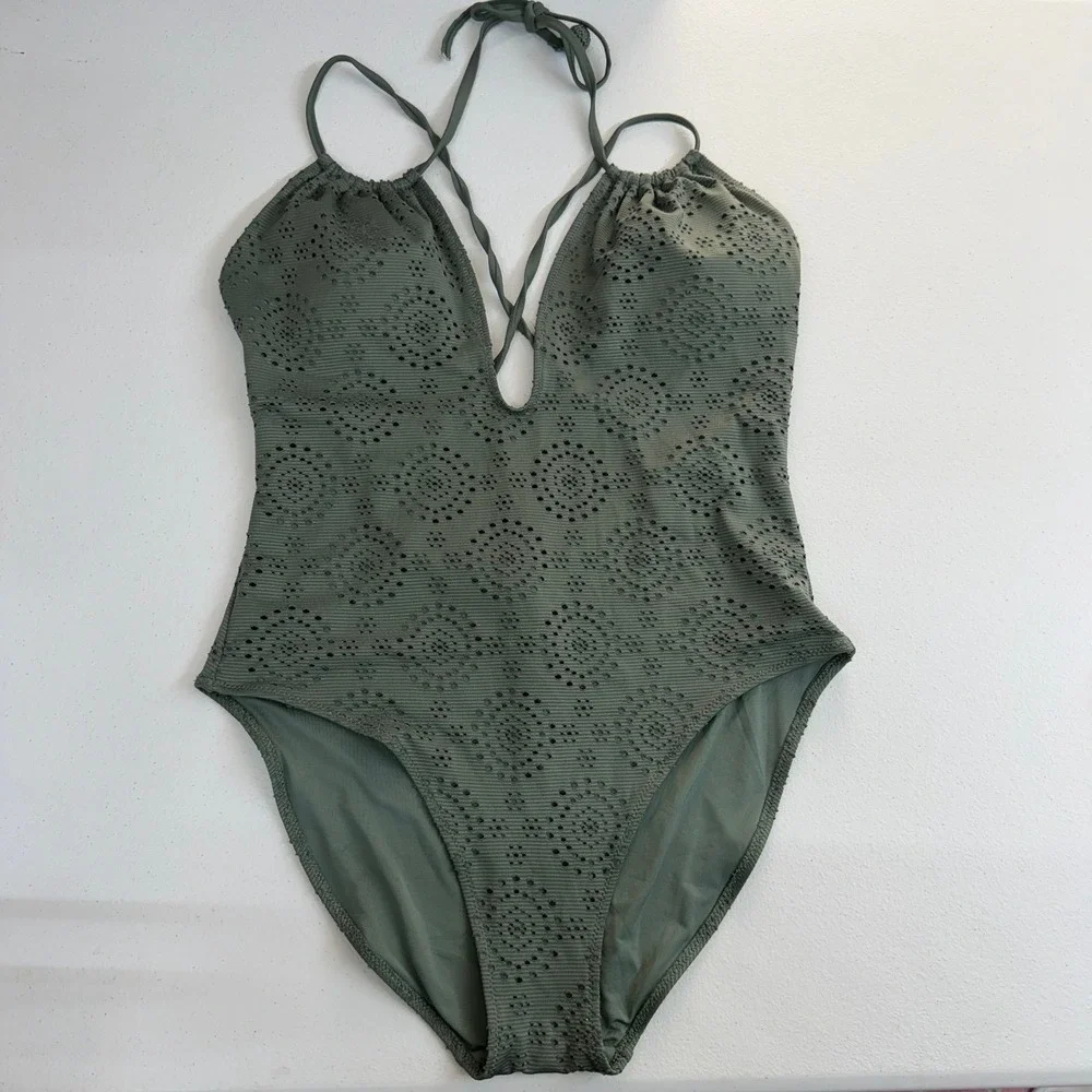 Aerie olive green eyelet deep v-neck strappy one piece swimsuit bathing suit L
